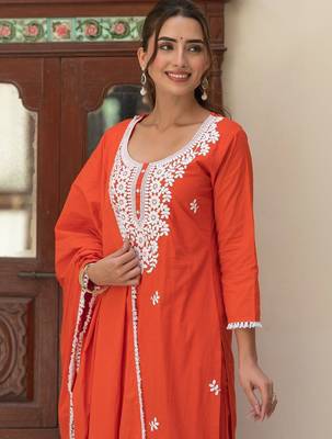 Women Ethnic Motifs Embroidered Regular Thread Work Pure Cotton Kurta with Trousers & With Dupatta 6