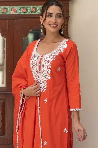 Women Ethnic Motifs Embroidered Regular Thread Work Pure Cotton Kurta with Trousers & With Dupatta