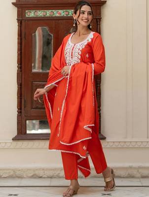 Women Ethnic Motifs Embroidered Regular Thread Work Pure Cotton Kurta with Trousers & With Dupatta 7