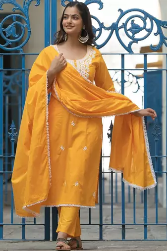 Women Ethnic Motifs Embroidered Regular Thread Work Pure Cotton Kurta with Trousers & With Dupatta