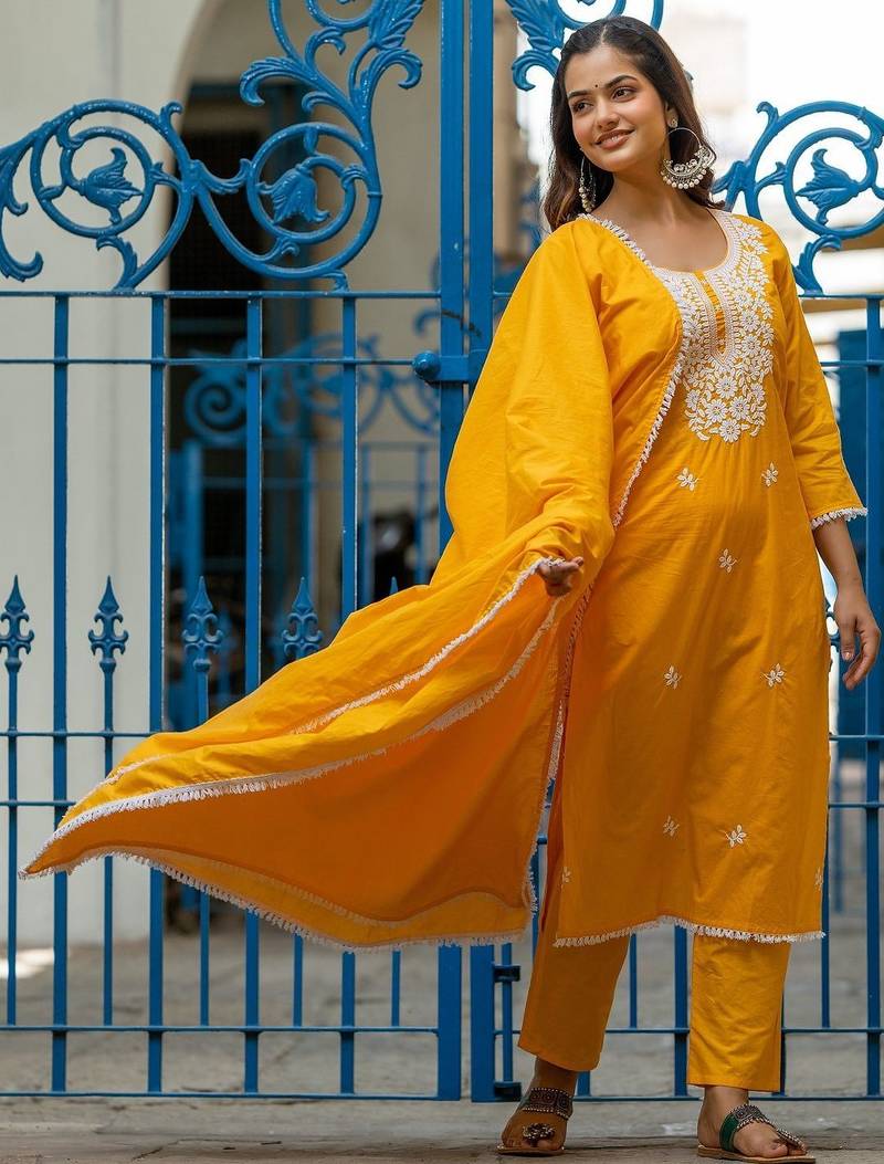 Women Ethnic Motifs Embroidered Regular Thread Work Pure Cotton Kurta with Trousers & With Dupatta