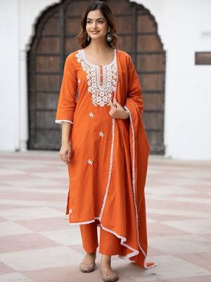 Women Ethnic Motifs Embroidered Regular Thread Work Pure Cotton Kurta with Trousers & With Dupatta 1