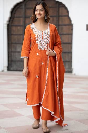 Women Ethnic Motifs Embroidered Regular Thread Work Pure Cotton Kurta with Trousers & With Dupatta
