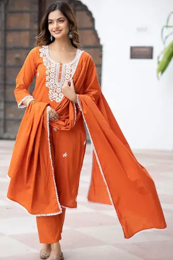 Women Ethnic Motifs Embroidered Regular Thread Work Pure Cotton Kurta with Trousers & With Dupatta