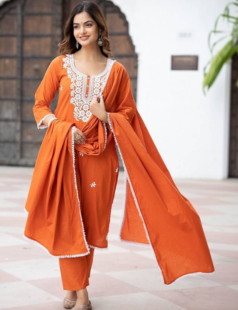 Women Ethnic Motifs Embroidered Regular Thread Work Pure Cotton Kurta with Trousers & With Dupatta