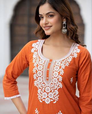 Women Ethnic Motifs Embroidered Regular Thread Work Pure Cotton Kurta with Trousers & With Dupatta 5