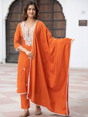 Women Ethnic Motifs Embroidered Regular Thread Work Pure Cotton Kurta with Trousers & With Dupatta 6