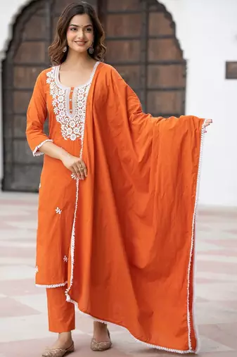 Women Ethnic Motifs Embroidered Regular Thread Work Pure Cotton Kurta with Trousers & With Dupatta