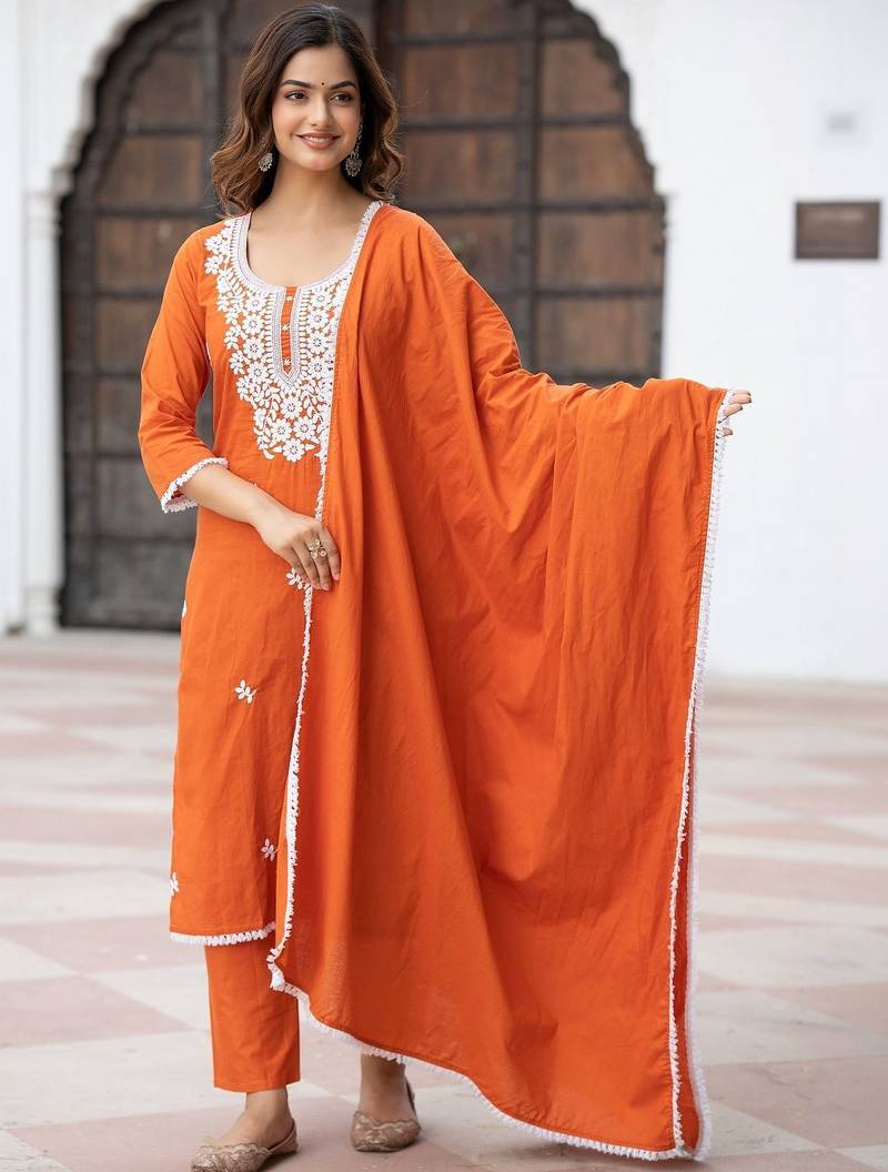 Women Ethnic Motifs Embroidered Regular Thread Work Pure Cotton Kurta with Trousers & With Dupatta