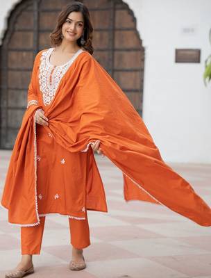 Women Ethnic Motifs Embroidered Regular Thread Work Pure Cotton Kurta with Trousers & With Dupatta 7