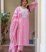 Women Ethnic Motifs Embroidered Regular Chikankari Pure Cotton Kurta with Trousers & With Dupatta