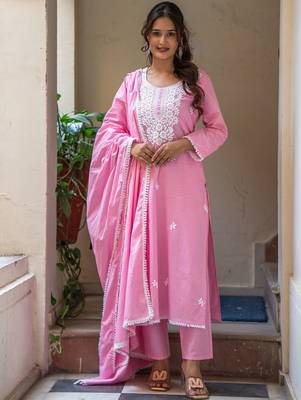 Women Ethnic Motifs Embroidered Regular Chikankari Pure Cotton Kurta with Trousers & With Dupatta 2