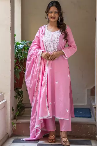 Women Ethnic Motifs Embroidered Regular Chikankari Pure Cotton Kurta with Trousers & With Dupatta
