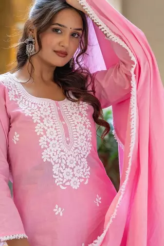 Women Ethnic Motifs Embroidered Regular Chikankari Pure Cotton Kurta with Trousers & With Dupatta