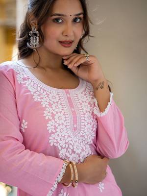 Women Ethnic Motifs Embroidered Regular Chikankari Pure Cotton Kurta with Trousers & With Dupatta 6