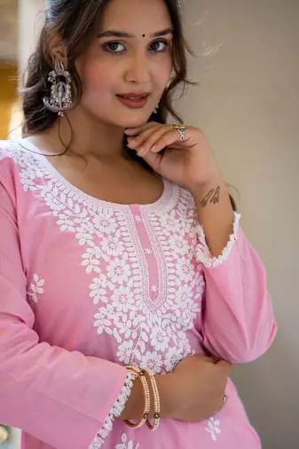 Women Ethnic Motifs Embroidered Regular Chikankari Pure Cotton Kurta with Trousers & With Dupatta