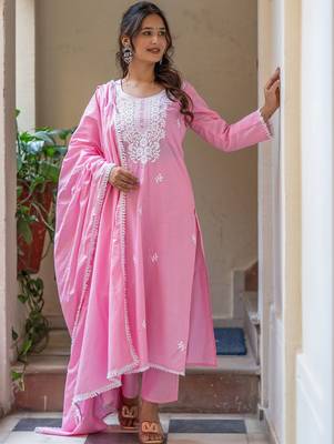 Women Ethnic Motifs Embroidered Regular Chikankari Pure Cotton Kurta with Trousers & With Dupatta 7