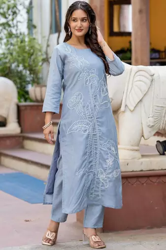 Floral Embroidered Thread Work Pure Cotton Kurta With Trouser