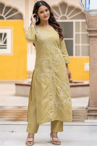 Women Floral Embroidered Regular Thread Work Pure Cotton Kurta with Trousers