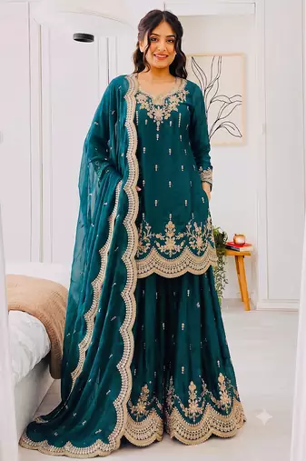 Designer short kurti & sharara set with scallop dupatta