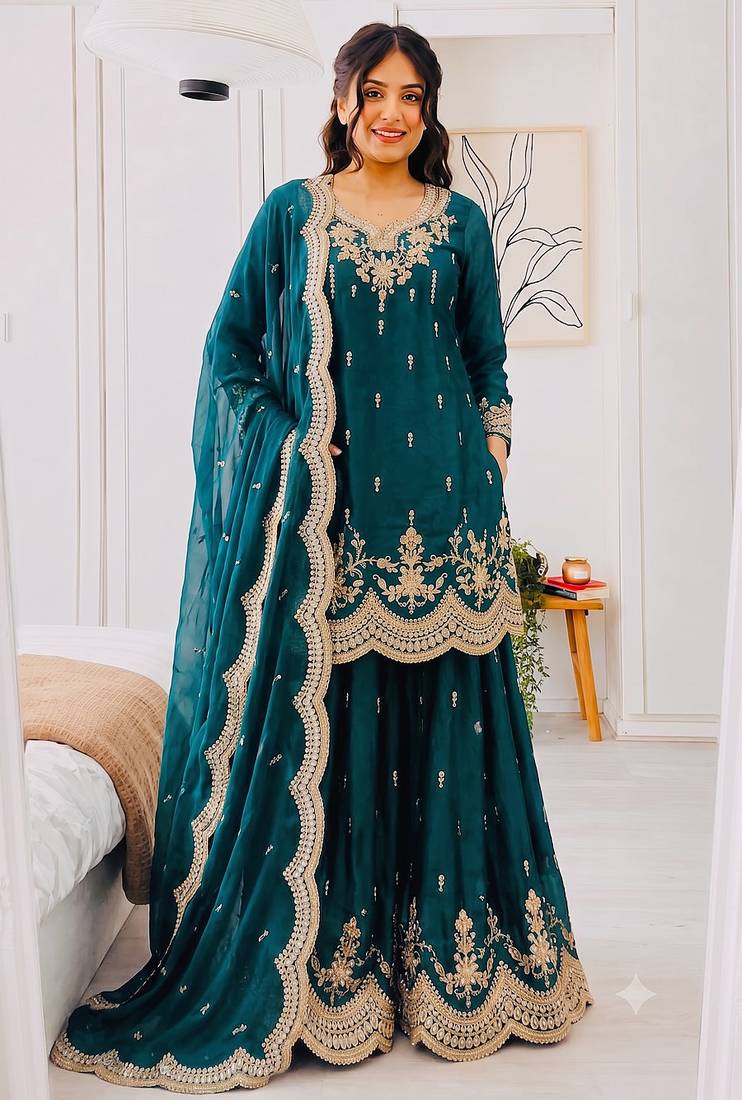 Designer short kurti & sharara set with scallop dupatta