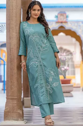 Floral Embroidered Thread Work Pure Cotton Kurta With Trouser