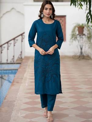 Floral Embroidered Boat Neck Straight Thread Work Pure Cotton Kurta with Trousers 1