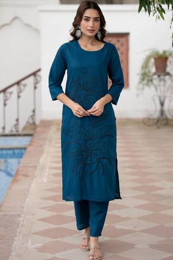 Floral Embroidered Boat Neck Straight Thread Work Pure Cotton Kurta with Trousers