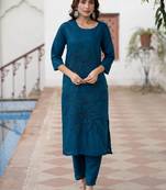 Floral Embroidered Boat Neck Straight Thread Work Pure Cotton Kurta with Trousers