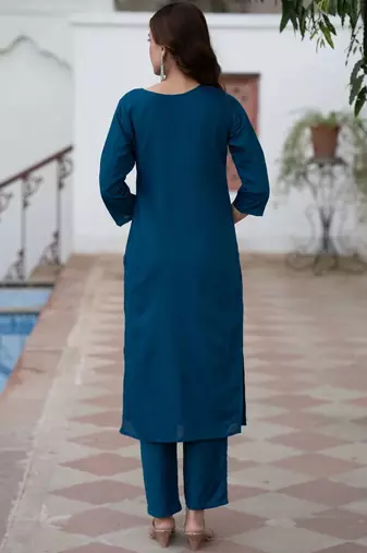 Floral Embroidered Boat Neck Straight Thread Work Pure Cotton Kurta with Trousers