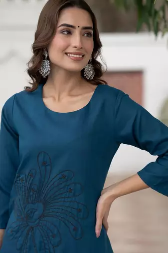 Floral Embroidered Boat Neck Straight Thread Work Pure Cotton Kurta with Trousers