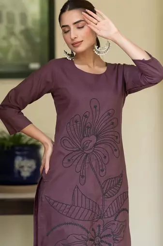 Floral Embroidered Straight Thread Work Pure Cotton Kurta With Trousers