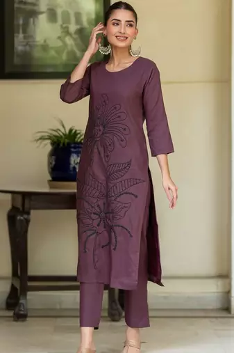 Floral Embroidered Straight Thread Work Pure Cotton Kurta With Trousers