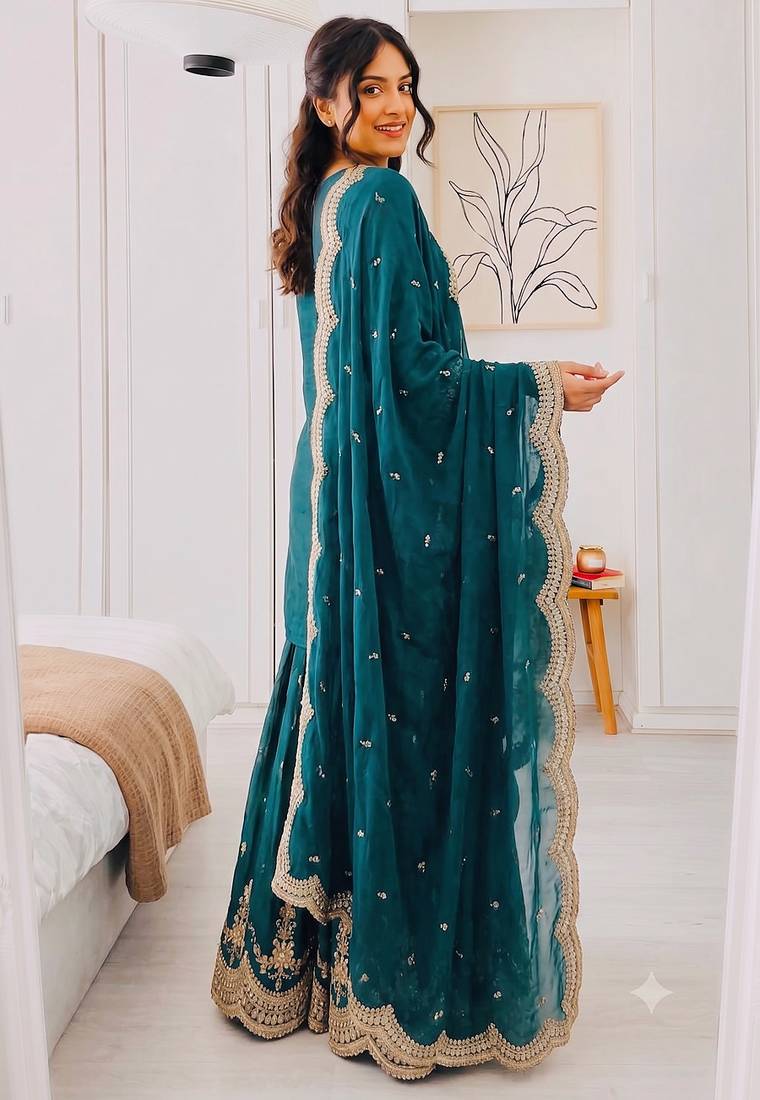 Designer short kurti & sharara set with scallop dupatta