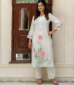 Women Floral Printed Knee Length Regular Pure Silk Straight Kurta with Trousers