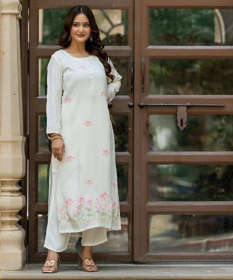 Women Floral Embroidered Silk Kurta with Trousers