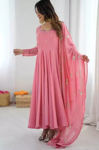 Pink georgette anarkali suit set with dupatta & pant for women
