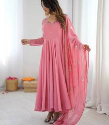 Pink georgette anarkali suit set with dupatta & pant for women