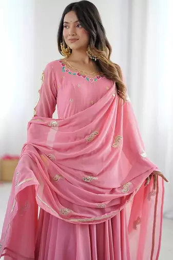 Pink georgette anarkali suit set with dupatta & pant for women