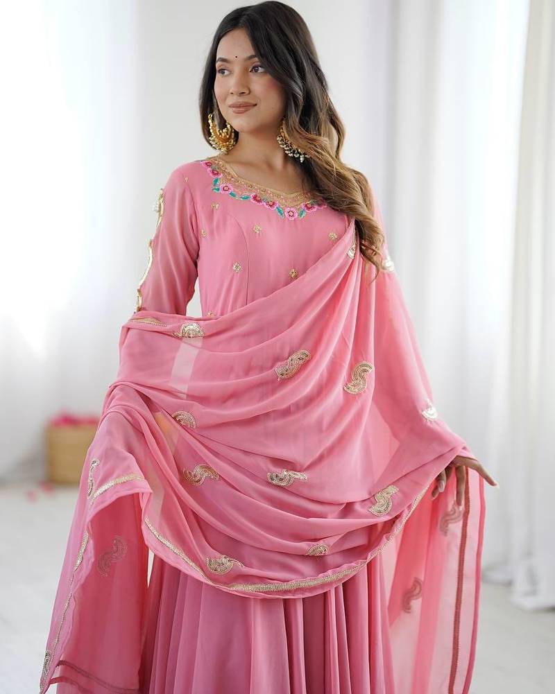 Pink georgette anarkali suit set with dupatta & pant for women