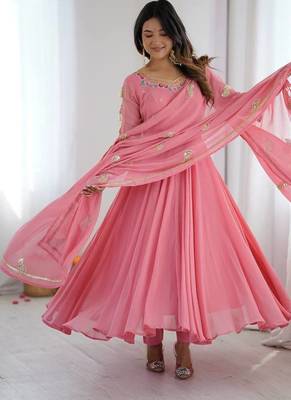 Pink georgette anarkali suit set with dupatta & pant for women 3