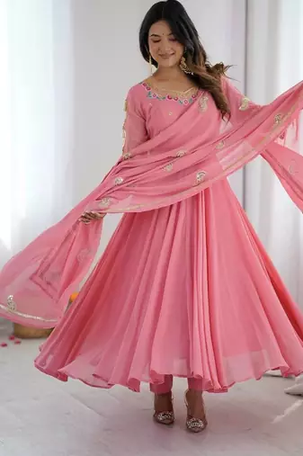 Pink georgette anarkali suit set with dupatta & pant for women