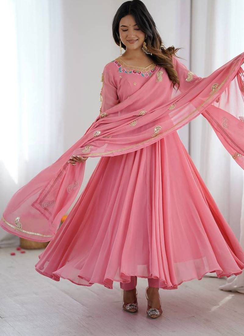 Pink georgette anarkali suit set with dupatta & pant for women