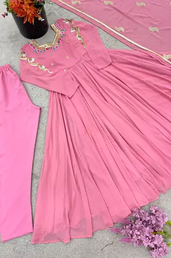 Pink georgette anarkali suit set with dupatta & pant for women