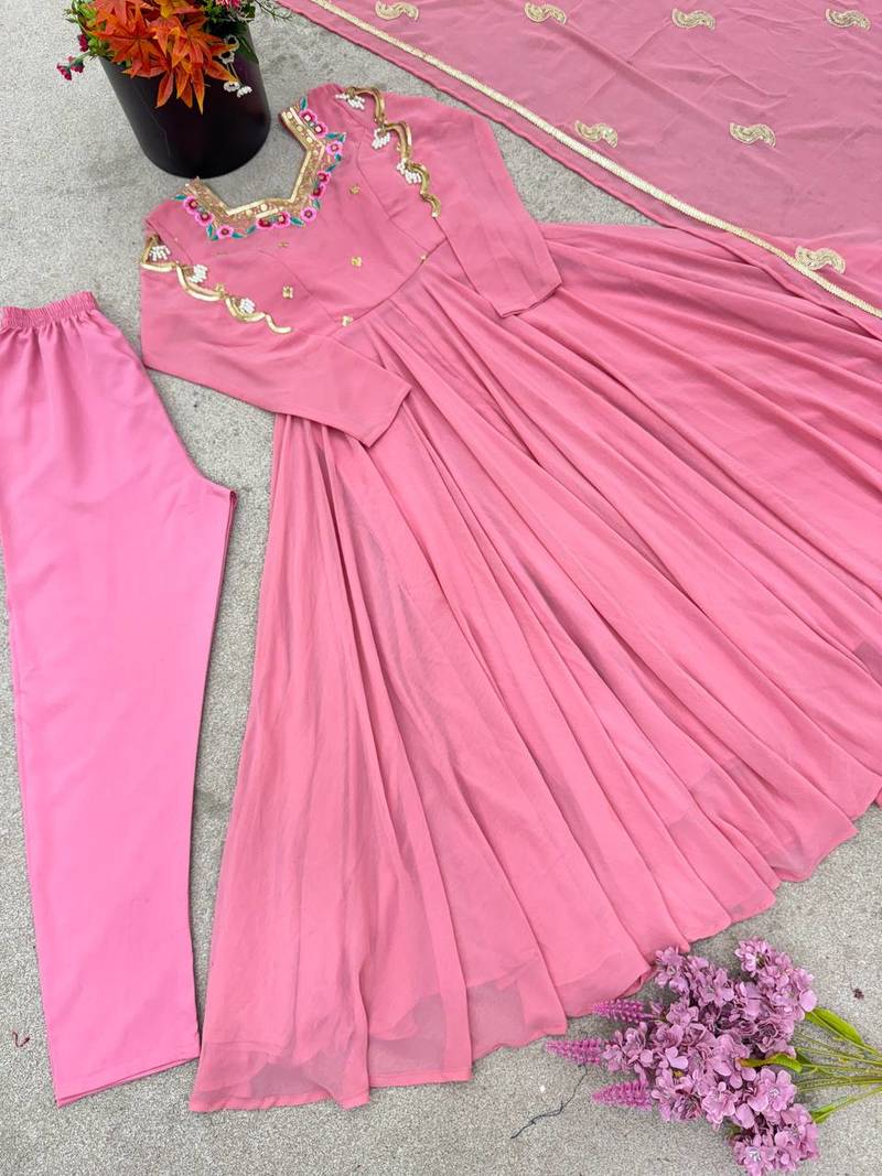 Pink georgette anarkali suit set with dupatta & pant for women