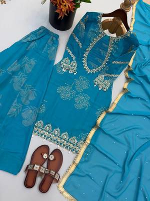 Teal blue embroidered kurta set with palazzo and dupatta for women 2