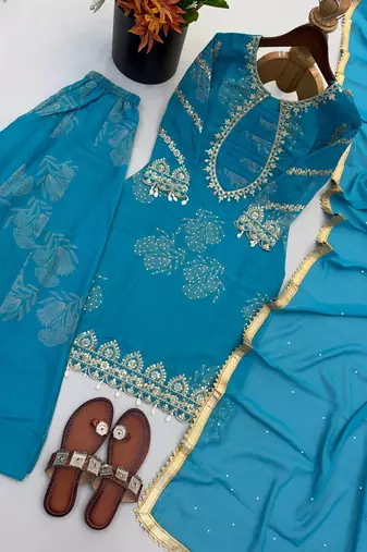 Teal blue embroidered kurta set with palazzo and dupatta for women