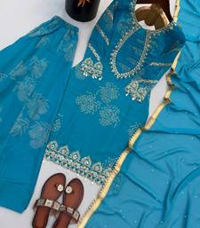 Teal blue embroidered kurta set with palazzo and dupatta for women
