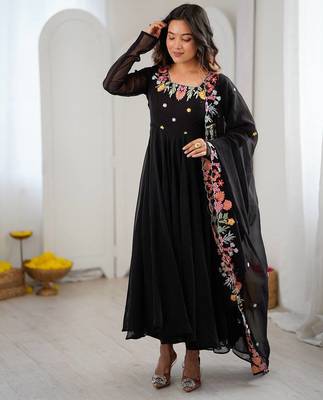 Women black georgette anarkali suit with heavy thread embroidery work, straight pant & dupatta set 1