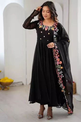 Women black georgette anarkali suit with heavy thread embroidery work, straight pant & dupatta set